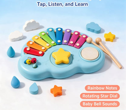 Wooden Rainbow Xylophone Music Station — Cloud Shaped Percussion Instrument with Rotating Star Dial, Drum Surface, Small Bells & Mallets for Toddlers