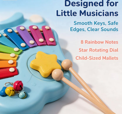 Wooden Rainbow Xylophone Music Station — Cloud Shaped Percussion Instrument with Rotating Star Dial, Drum Surface, Small Bells & Mallets for Toddlers