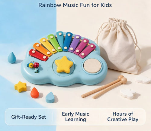 Wooden Rainbow Xylophone Music Station — Cloud Shaped Percussion Instrument with Rotating Star Dial, Drum Surface, Small Bells & Mallets for Toddlers